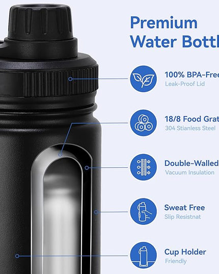 DOMICARE 16 oz Kids Water Bottle for School Stainless Steel Double Wall Vacuum Insulated Water Bottle with Straw lids & Spout Lid, Leakproof BPA Free （Black,8)