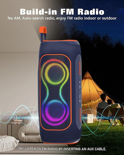 MusiBaby Portable Bluetooth Speakers with Lights, 80W Loud Outdoor Wireless Speaker with Stereo Sound, IPX5 Waterproof, 24H Playtime, BT 5.3, FM, for Home/Travel/Praty Valentines Gifts (Blue)