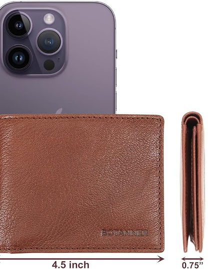 BOTANNER Genuine Leather Mens Bifold Flip ID Wallet RFID Blocking 8 Credit Card Slots 2 ID Window 2 Sections for Bills 3 Additional Slots | Choco