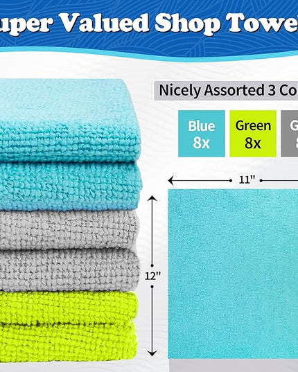 FIXSMITH Microfiber Cleaning Cloth, Shop Towels Bulk, 24 Pack Microfiber Towels for Cars, All-Purpose Absorbent Cleaning Rags, Dust Cloth for Automotive, Mechanic, Garage, Bar, 12 x 11 inch