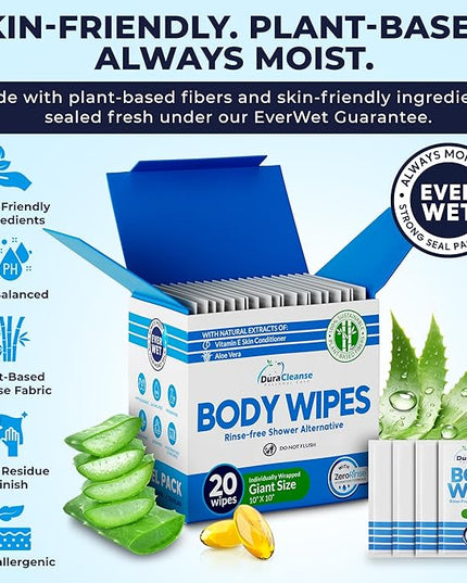 Body Wipes for Adults Bathing No Rinse - 20 Count Travel Shower Wipes - 10 x 11.5" Individually Wrapped Thick Cleansing Waterless Wash Scrubs - Disposable Washcloths for Camping & Elderly Incontinence