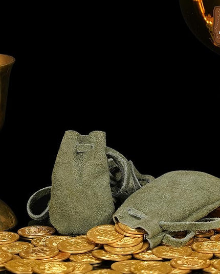 Mythrojan Small Trinket Pouches Suede Leather Drawstring Coin & Dice Bags for LARP, SCA, Viking & Medieval Events (Dark Green - Pack of 2)