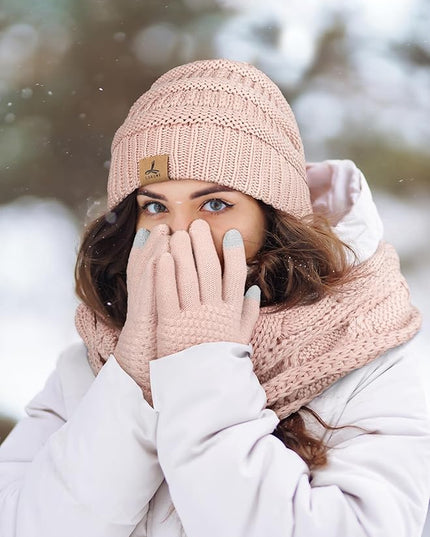 Winter Beanie Hat Scarf Gloves, Warm Fleece Knit Hats Touch Screen Gloves Neck Scarf Set Winter Gifts for Unisex Adult