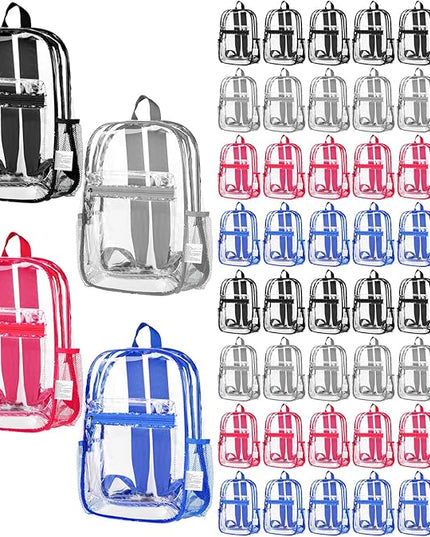 Silkfly 48 Pack Clear Backpacks Bulk PVC Transparent Bookbags Heavy Duty See Through Bags with Pockets for Stadium Work Travel(15 x 11 x 5.2 Inches)