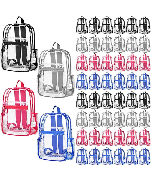 Silkfly 48 Pack Clear Backpacks Bulk PVC Transparent Bookbags Heavy Duty See Through Bags with Pockets for Stadium Work Travel(15 x 11 x 5.2 Inches)