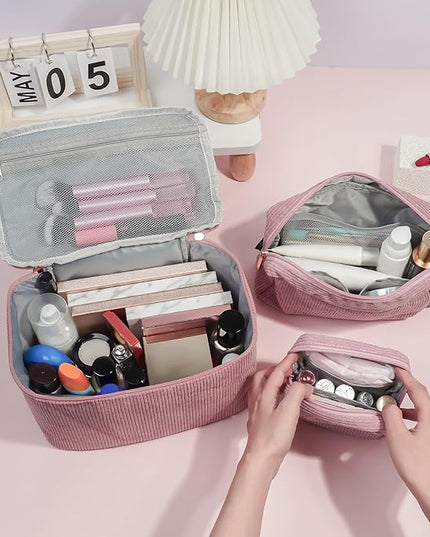 MAGEFY Small Makeup Bag for Purse Mini Cosmetics Bag Corduroy Cute Cosmetic Pouch for Women with Slip-in Pockets