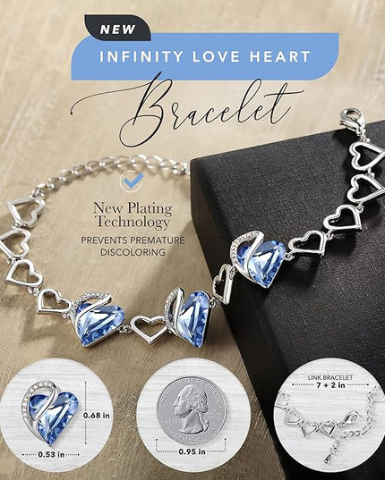 Leafael Infinity Love Heart Link Bracelets, Birthstone or Healing Stone Crystal Bracelet for Women, Silver Tone Jewelry Gifts for Her, 7-inch Chain and 2-inch Extender