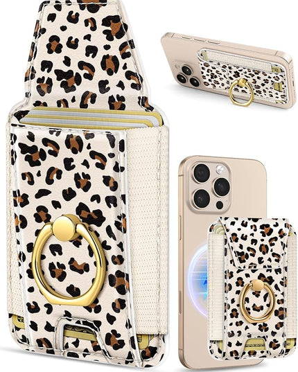 Shorogyt Compatible with Magsafe Wallet with Ring Grip Magnetic Card Holder - Cute Phone Wallets with Stand for iPhone 17/16/15/14/13/12 Series for Women Girls White Leopard Design, Fit 7 Cards