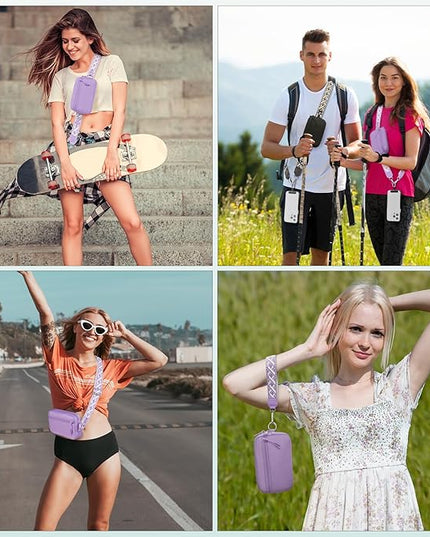 Clip and Go Strap for Phone with Wallet Crossbody, Adjustable Phone Lanyard with Detachable RFID Wristlet Wallet, Pattern Strap - Purple (L)