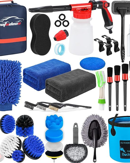 AUTODECO 38Pcs Car Wash Detailing Kit Cleaning Kits with Foam Gun Sprayer Collapsible Bucket Drill Brush Large Wash Mitt Towels Complete Interior Exterior Car Washing Supply Set Blue