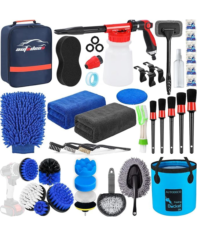 AUTODECO 38Pcs Car Wash Detailing Kit Cleaning Kits with Foam Gun Sprayer Collapsible Bucket Drill Brush Large Wash Mitt Towels Complete Interior Exterior Car Washing Supply Set Blue