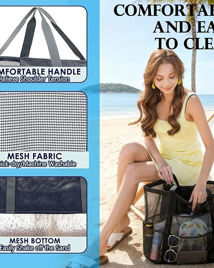 Mesh Beach Bag, Large Beach Tote with Zipper Pocket, Toys Pool Bag for Family Travel Vacation Cruise Essentials