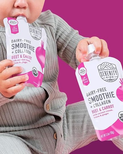 Serenity Kids 6+ Months Baby Food Pouch - Beet & Carrot Grass-Fed Collagen Protein - USDA Organic Dairy Free - No Added Sweeteners Baby Snacks - 3.5 Oz, 6 Pack