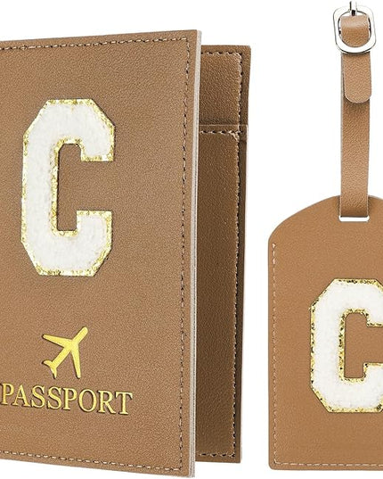 PATIKIL Passport Holder for Travel, Initial Passport Cover and Luggage Tag Set with Alphabet Chenille Letter Patch Travel Wallet Bag Suitcase Identifier for Women Family Travel Brown C