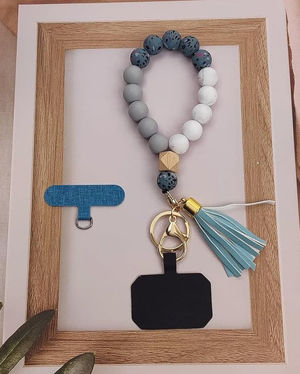 Phone Lanyard Silicone Beaded Phone Wrist Strap Cute Elastic Cell Phone Wristlet Chain Bracelet with 2 Tether Tab