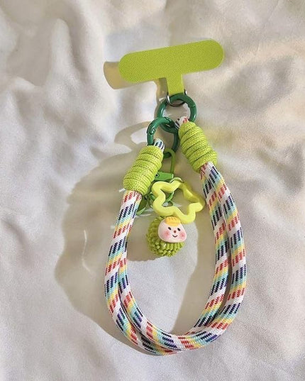 Dopamine Vibes Universal Wrist Strap - Korean-Style Short Phone Lanyard with Cute Green Durain Charm, 7mm Rope, Trendy Anti-Theft Tether for Girls, Includes Pendant & Nylon Phone Tab