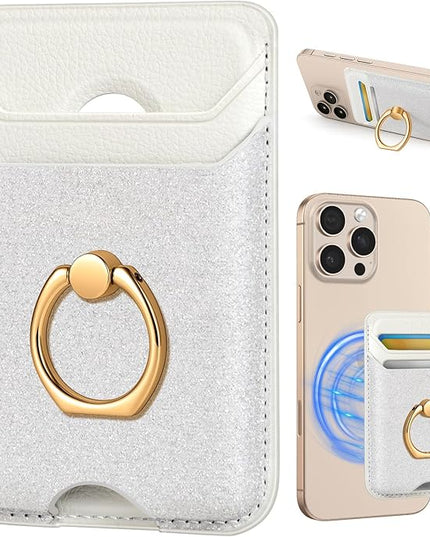 Shorogyt Compatible with Magsafe Wallet Magnetic Card Holder - Phone Wallets with Ring Grip Stand Cute Fashion for iPhone 17/16/15/14/13/12 Series for Women Girls Glitter White Design, Fit 3 Cards