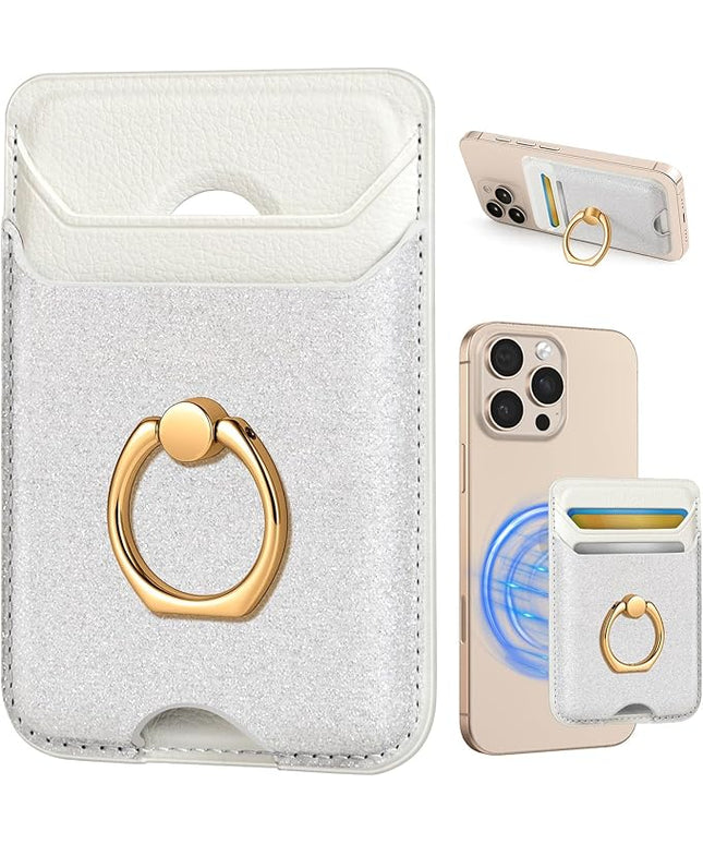 Shorogyt Compatible with Magsafe Wallet Magnetic Card Holder - Phone Wallets with Ring Grip Stand Cute Fashion for iPhone 17/16/15/14/13/12 Series for Women Girls Glitter White Design, Fit 3 Cards