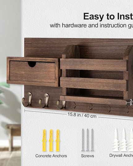 Lwenki Wall Mount Key Holder with Mail Organizer, 100% Paulownia Wood, 7 Metal Hooks, Storage Drawer, Entryway Home Decor (Brown)