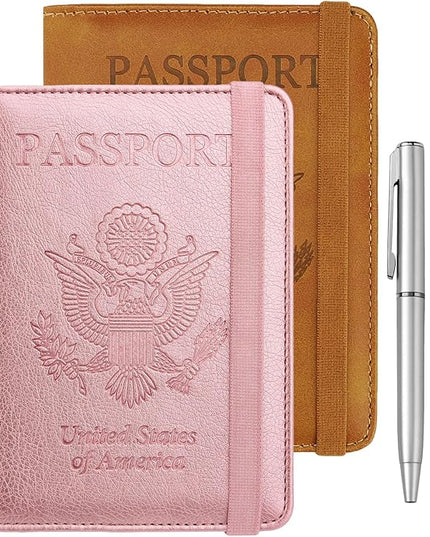 WALNEW Passport Holder for Travel, RFID Passport Cover Wallet for Women Men, PU Leather Passport Book Card Holder Case with Pen (Elastic Band Closure, AA-Brown+Rosegold)