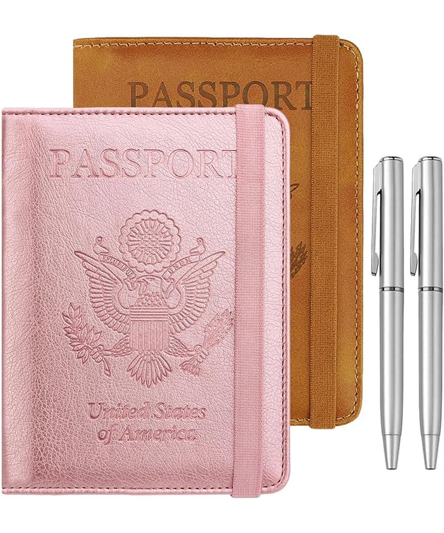 WALNEW Passport Holder for Travel, RFID Passport Cover Wallet for Women Men, PU Leather Passport Book Card Holder Case with Pen (Elastic Band Closure, AA-Brown+Rosegold)