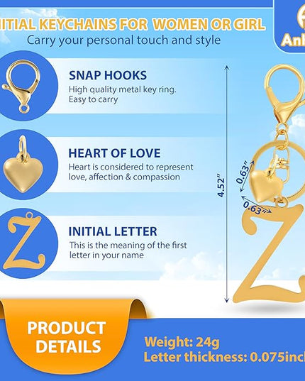 A-Z Heart Initial Letter Keychain, Stainless Steel Alphabet Charm for Handbags, Gift for Women and Girls