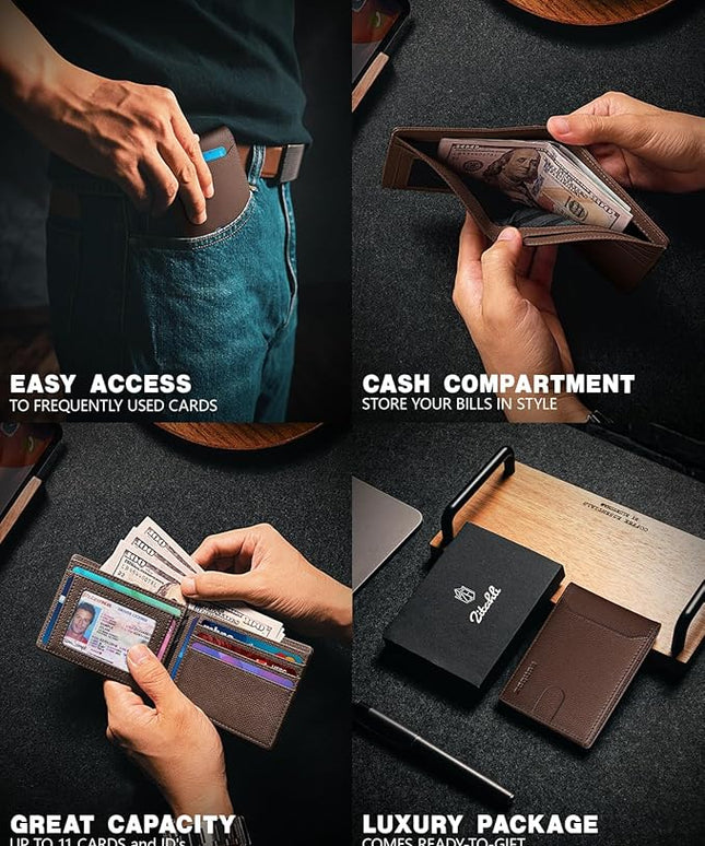 RUNBOX Wallet for Men Slim 11 Credit Card Holder Slots Leather RFID Blocking Small Thin Men's Wallet Bifold Minimalist Front Pocket Large Capacity Gift Box