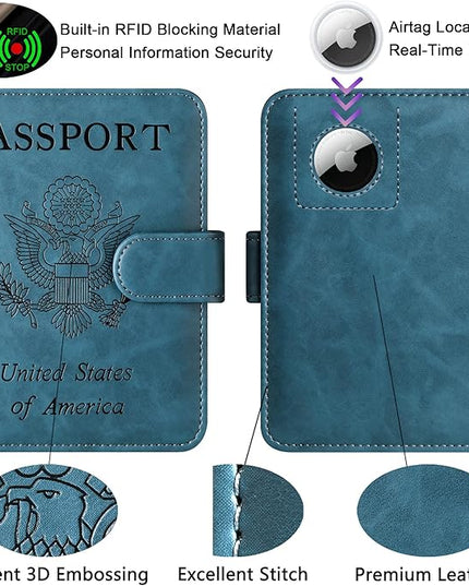 Airtag Passport Holder Cover Wallet Travel Essentials Leather Rfid Blocking Case Vacation Luggage Must Haves Travel Accessories for Men Women (117#Blue)