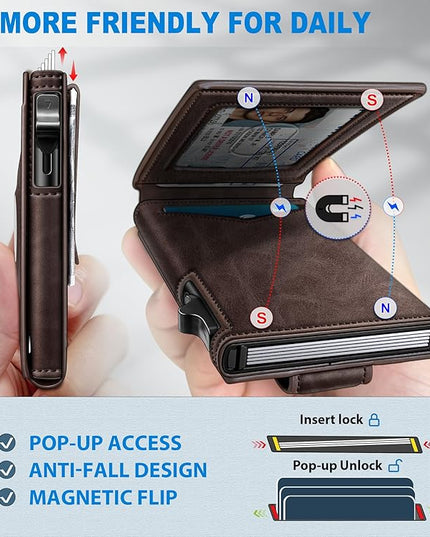 miyozi Airtag Wallet for Men Money Clip 9-Card Pop-Up Credit Card Holder with ID Window RFID Blocking Metal Case Magnetic Closure Front Pocket Wallet Gift Box