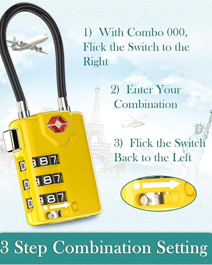 Search Alert TSA Approved Travel Combination Luggage Cable Locks for Suitcase, Gym Locker,Toolbox,Backpack 1,2,4,6 &10 pk (Yellow 4 Pack)