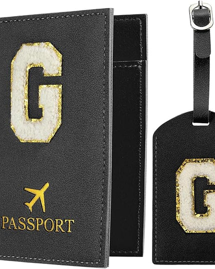 PATIKIL Passport Holder for Travel, Initial Passport Cover and Luggage Tag Set with Alphabet Chenille Letter Patch Travel Wallet Bag Suitcase Identifier for Women Family Travel Black G