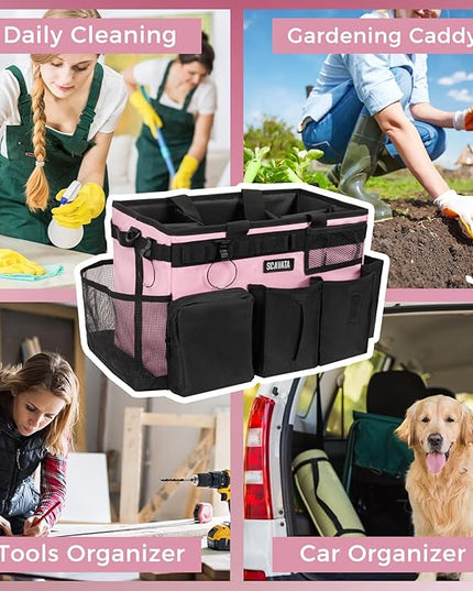Wearable Cleaning Caddy Bag, Cleaning Caddy Supplies Organizer with Handle & Shoulder Straps for Housekeepers, Under Sink & Car Cleaning Tool Organizers with 4 Foldable Divider (SweetPink)