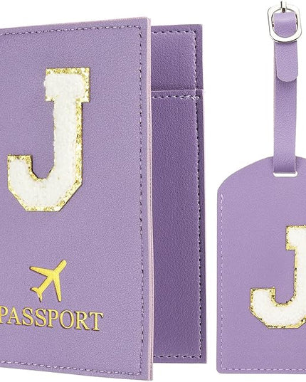 PATIKIL Passport Holder for Travel, Initial Passport Cover and Luggage Tag Set with Alphabet Chenille Letter Patch Travel Wallet Bag Suitcase Identifier for Women Family Travel Purple J