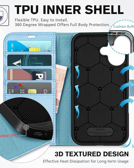 TUCCH Case Wallet for iPhone 16 5G, [RFID Blocking] 4 Card Holder Stand [Shockproof TPU Interior Case] PU Leather Magnetic Protective Flip Cover Compatible with iPhone 16, Shiny Light Blue