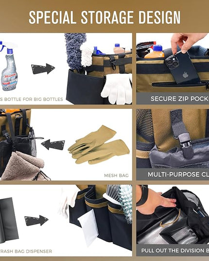 Wearable Cleaning Caddy Organizer with Handle & Shoulder Straps for Housekeepers, Under Sink & Car Cleaning Tool Organizer Bag with 4 Foldable Dividers (Tan)