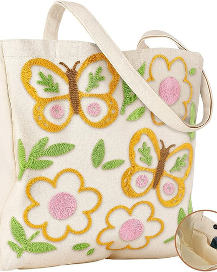 Embroidery Canvas Tote Bag for Women - Reusable Totes with Pocket & Buckle Aesthetic Cute Grocery Shoulder Bag