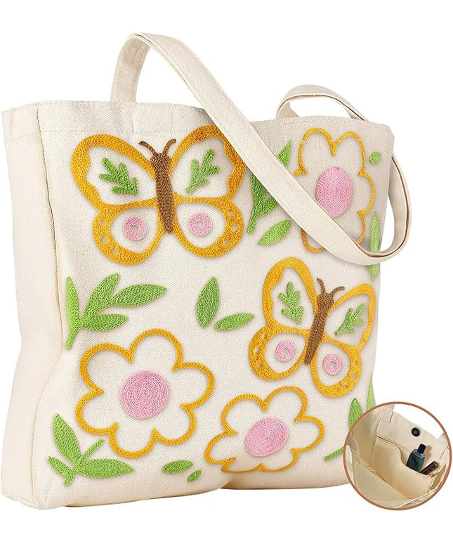 Embroidery Canvas Tote Bag for Women - Reusable Totes with Pocket & Buckle Aesthetic Cute Grocery Shoulder Bag