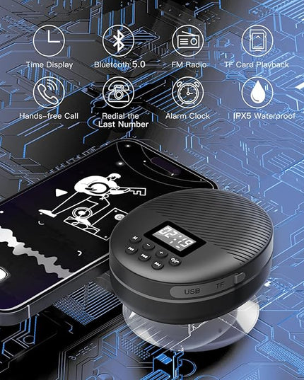 Shower Radio Speaker with Bluetooth 5.0, AGPTEK Waterproof Wireless Bathroom FM with Suction Cup 12H Long Playback Time, Lanyard, LCD Screen Display, Handsfree Calling, Storage Card Playback (Black)