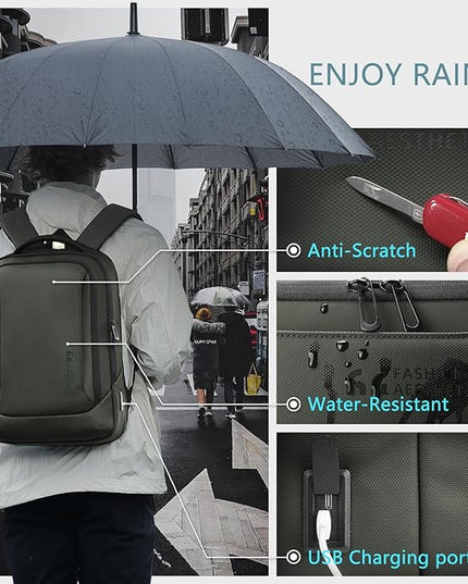 hk Laptop Backpack for Men with USB Charging Port Water-Resistant for 15.6 Inch Computer Bag Durable High-Tech Daypack Casual Backpack for Business Work College Weekender Travel- Green