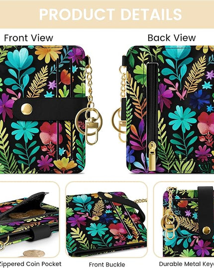 Sodsay Small Slim Wallet Women RFID Blocking, PU Leather Bifold Ladies Wallet with Zipper Coin Pocket, Thin Cute Travel Card Wallets for Girls, Black Garden