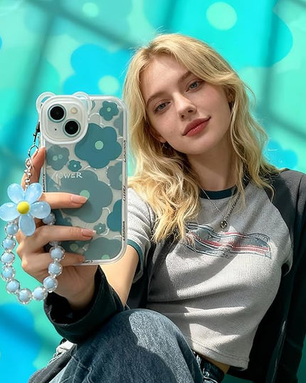 Compatible with iPhone 14 Case Blue Shockproof Cover Camera Lens Case Cute, Clear, Floral Bear, Lovely Flower, Wrist Strap, Bracelet Chain, for Women, Girly