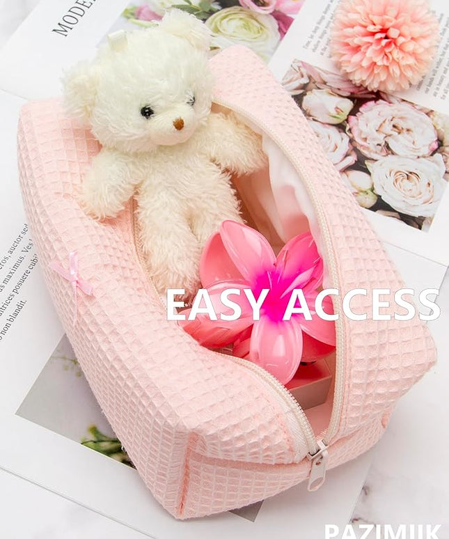 PAZIMIIK 2PCS Cozy Makeup Bag Travel Cosmetic Bag for Women Soft Toiletry Bag Aesthetic Makeup Organizer Portable Large Zipper Pouch for Skincare Beauty Accessories Brushes Waffle Check Light Pink