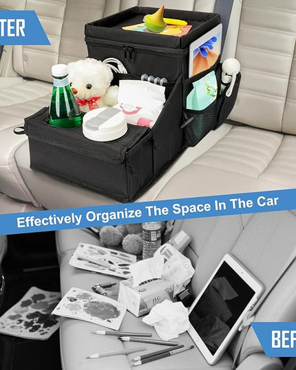 COOLBEBE Car Seat Organizer, Backseat Car Organizer with Cup Holders for Kids and Adults Travel, Cooler Compartment Passenger Seat Organizer Storage Box for Front or Middle Seat, Black