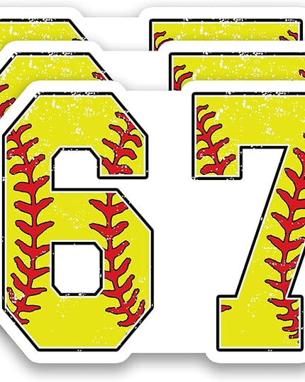 (3 Pcs) Softball 67 Six Seven Funny 6-7 Meme Stickers – 67 Gifts for Coaches, Players, Waterproof Vinyl Decals for Water Bottle, Tumbler, Laptop, Phone Case, 3" x 2.2"