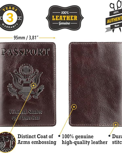 Shvigel US Leather Passport Book Cover - Thin American Travel Passport Holder - Premium International USA Passport Protector Case for Women Men (Glossy Brown)