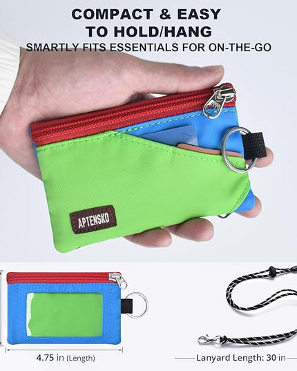 RFID Travel Wallet with Adjustable Lanyard-Zipper Small Wallet with ID Card Holder, Keychain for women&men-Minimalist Slim Waterproof Nylon case for ID, Cash, Key (Green+SkyBlue)