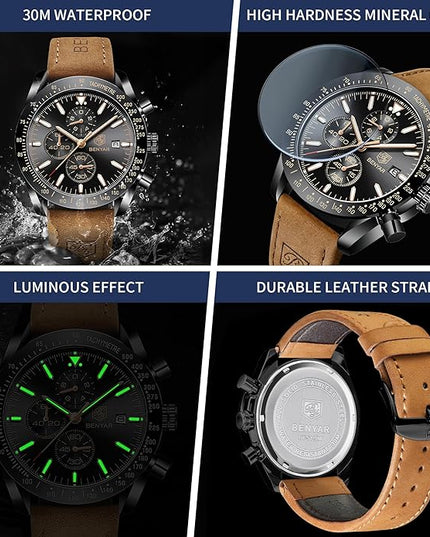 BY BENYAR Watch for Men Analog Quartz Chronograph Waterproof Luminous Designer Mens Wrist Watches Business Work Sport Casual Dress Watch with Silicone Strap Elegant Gifts for Men