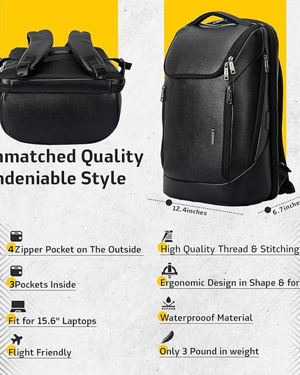 Durable Leather Laptop Business Backpack Perfect for Men & Women, Work Backpack Fits 15.6 Inch, Premium Quality Travel Bag with USB Charging Port, Water-Resistant, Bookbag with Multiple Pockets