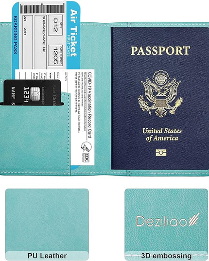 Deziliao Passport Holder,Passport Holder Card Slots, Passport and Vaccine Card Holder Combo, Cute Passport cover for Women and Men, with Waterproof Rfid Blocking, Passport Travel Wallet(Aqua Green)