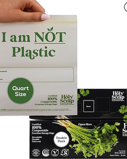 100% Compostable Food Storage Bags QUART Size - 80 Pack - Resealable Extra Strength Zip Seal Bags Made from Plants, Eco Friendly, Freezer Safe - BPI Certified, OK Compost Home